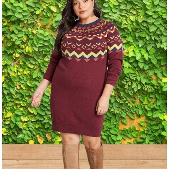 ModCloth Fair Isle Sweater Dress • Burgundy Geometric Knit • Size M - Picture 1 of 6